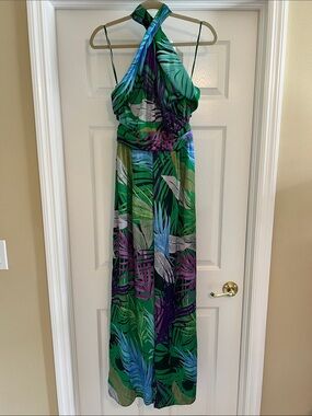 Zara Green Tropical Halter Jumpsuit with Purple & Blue Accents